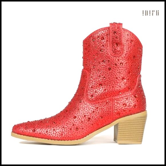 Rhinestone Cowgirl Ankle Boots Block Heel Pointed Toe Slip On Western - Picture 6 of 6